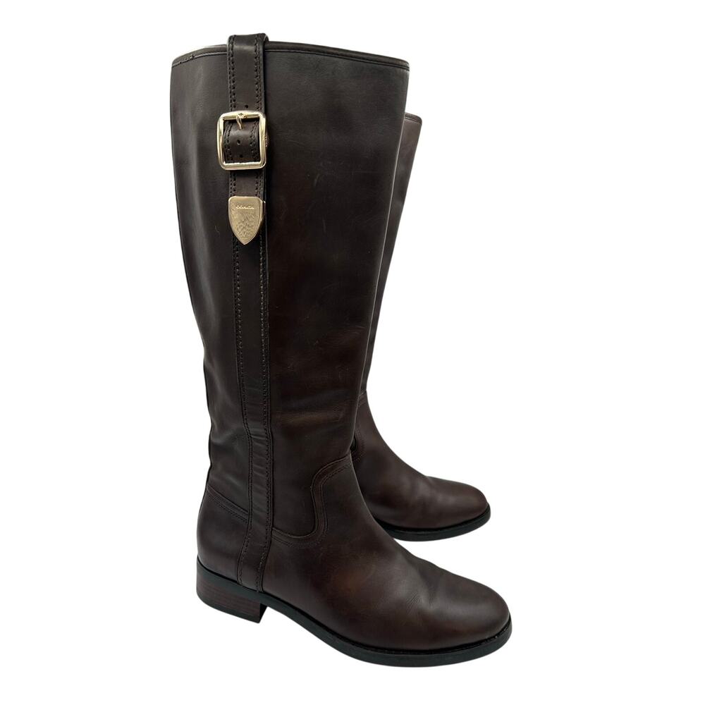 Coach Easton Tall Riding Boots Chocolate Brown Leather Gold Buckle Size 8 - Picture 2 of 5